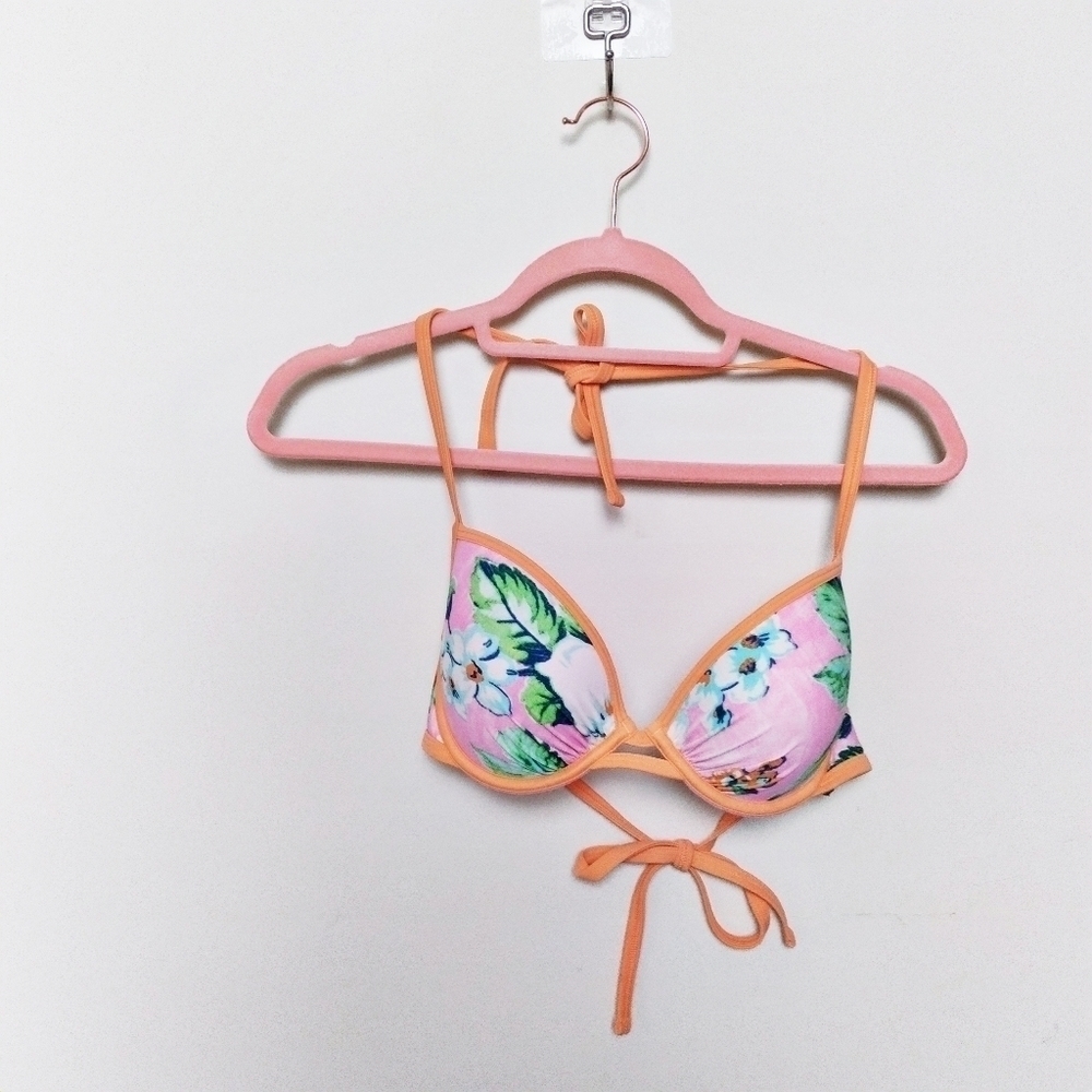aerie Brooke Pink and Orange Tropical Print Push Up Halter Bikini Top Size 34D